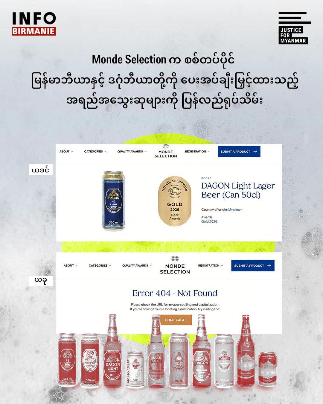 စစ်တပ်ပိုင် Dagon နဲ့ Myanmar Brewery ထုတ်ကုန်တို့ကို ချီးမြင့်ထားတဲ့ အရည်အသွေးဆုတွေကို Monde Selection ပြန်လည်ရုပ်သိမ်း